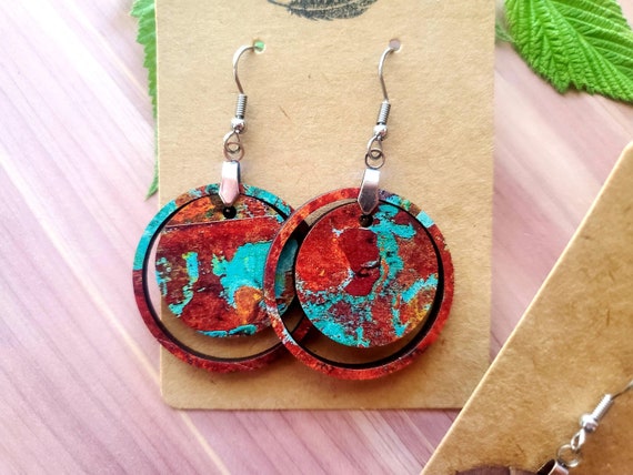 Copper Colored Circle Earrings - Dangle Earrings - Wood Earrings - Boho Earrings - Fun Earrings - Lightweight Earrings - Hypoallergenic