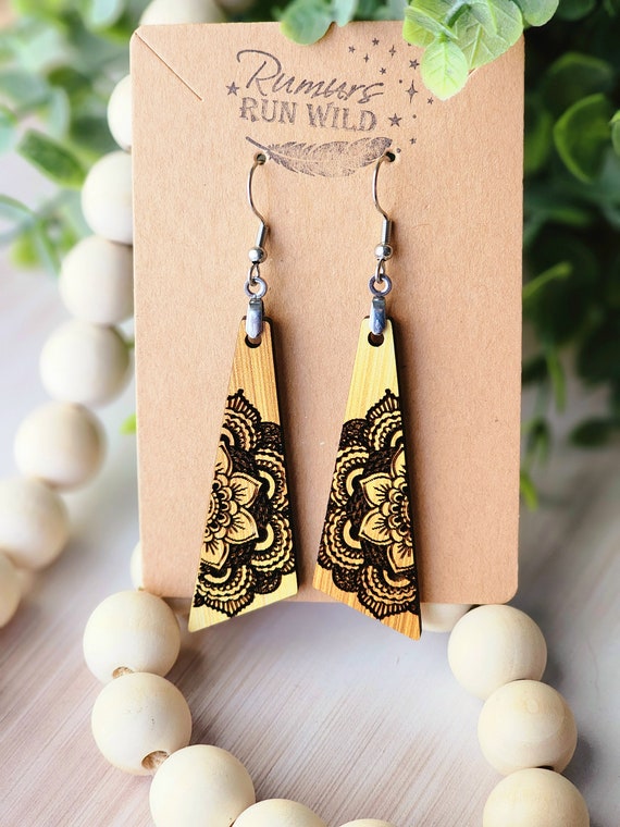 Boho Wood Mandala Earrings for Her, Yellow Earrings, Lightweight Long Dangles, Nickel Free Statement Earrings, 5th Anniversary Gift for Wife