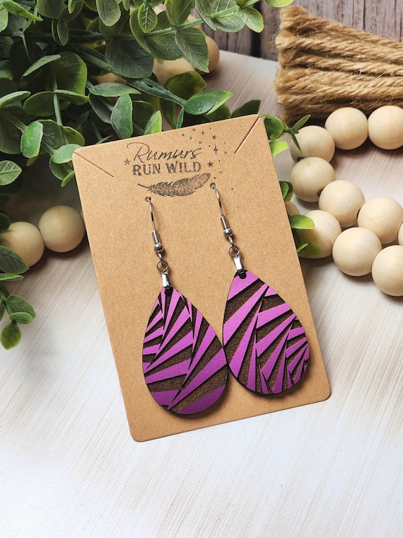 Purple Statement Earrings for Her, Artsy Earrings for the Purple Lover, Engraved Wood Dangles for Daughter, Hypoallergenic Teardrop Earrings