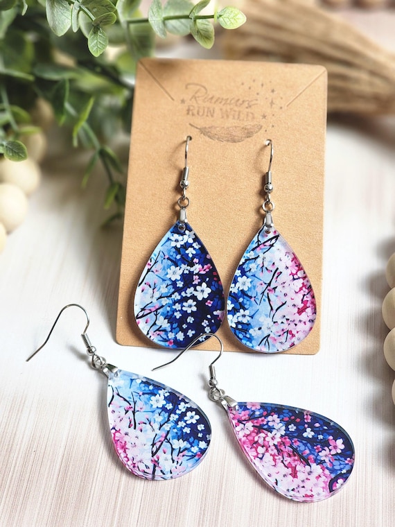 Cherry Blossom Earrings, Pink Blue Floral Earrings, Lightweight Teardrop Earrings, Spring Jewelry, Feminine Gift for Her