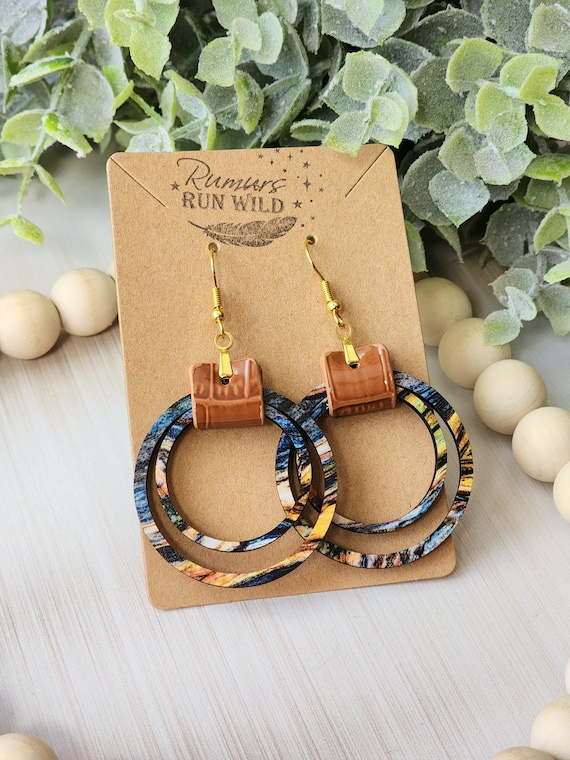 Boho Wood Dangle Earrings and Necklace Set: Statement Earrings for her, Unique Wood and Vegan Leather Jewelry for Girlfriend
