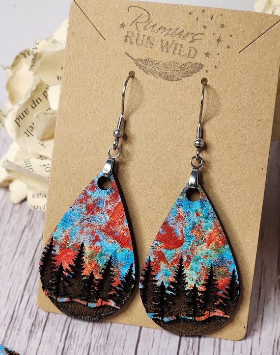 Sunset Earrings, Outdoorsy Gifts For Women, Forest Earrings, Nature Jewelry, Wood Earrings Handmade, 5 Year Anniversary Gift For Wife, Best