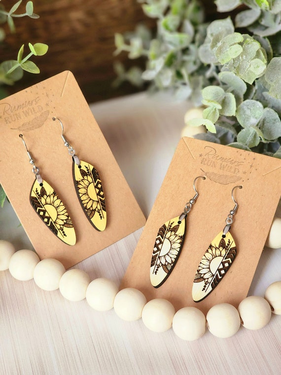 Sunflower Earrings for Women, Boho Wood Earrings, Yellow Tribal Earrings, Bright Handmade Flower Earrings for Mom, Dainty Western Earrings