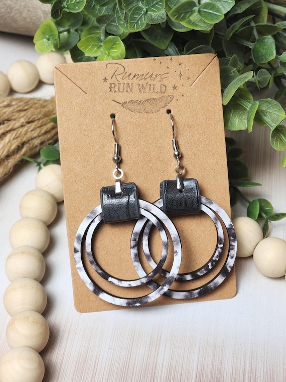 Boho Wood Statement Earrings and Necklace Set: Black and White Wood Dangle Earrings for Her, Unique Jewelry Gift for Mom