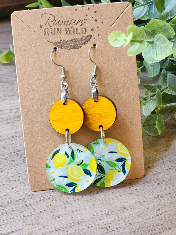 Summer Earrings for Women, Lemon Earrings, Handmade Gift Earrings for Mom, Yellow Dangle Wood Earrings