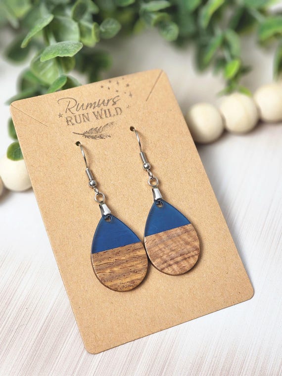 Transparent Jewel Blue Resin Wood Teardrop Earrings: Lightweight Boho Dangle Jewelry for Her