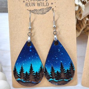 Night Sky Earrings: Engraved Forest, Teardrop Dangle, Stainless Steel