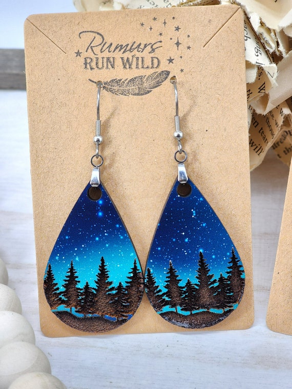 Dangle Wood Earrings, Nature Themed Earring, Tree Engraved Earring, Night Sky Gift, Star Jewelry, Northern Lights Earring, Gift for Her