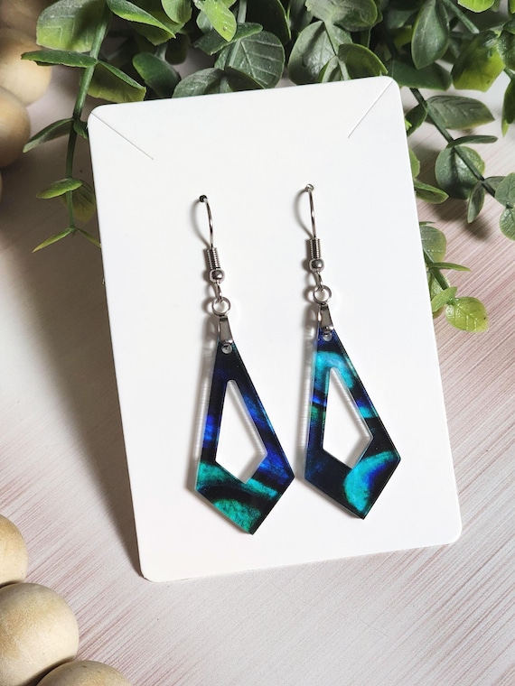 Blue Green Geometric Earrings, Semi Transparent Acrylic Dangle Earrings, Stained Glass Style Earrings