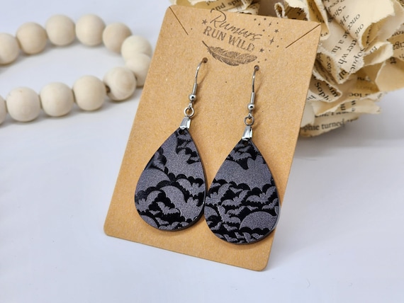 Spooky Bat Teardrop Earrings: Smoke and Mirror Halloween Jewelry