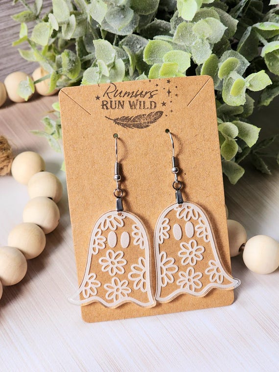 Cute Goth Earrings for Halloween, Flower Ghost Earrings, Whimsical Earring Gift for Her, Spooky Summer Earrings, Dangling Ghost Earrings