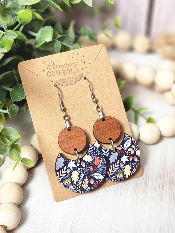 Boho Wooden Dangle Earrings: Fall Boho Jewelry for Her, Nature Themed Earrings for Daughter, Gift for Girlfriend
