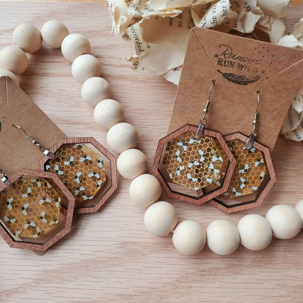 Cute Bee Earrings - Fun Bumblebee Earrings - Hexagon Shaped Wood Earrings - Boho Earrings - Gift for Her - Summer Earrings - Unique Gift