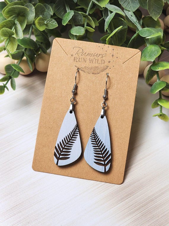 Gray Blue Dangle Nature Earrings, Wooden Leaf Earring, Boho Wood Earring for Women, Plant Lover Earring Gift, Lightweight Earthy Earring