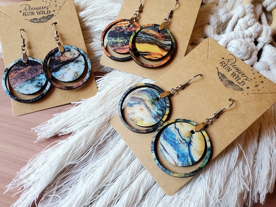 Nature Inspired Earrings, Layered Circle Earrings with Blues, Yellows, Oranges, Browns and More, Boho Jewelry, Fun, Cute, Simple, Bohemian