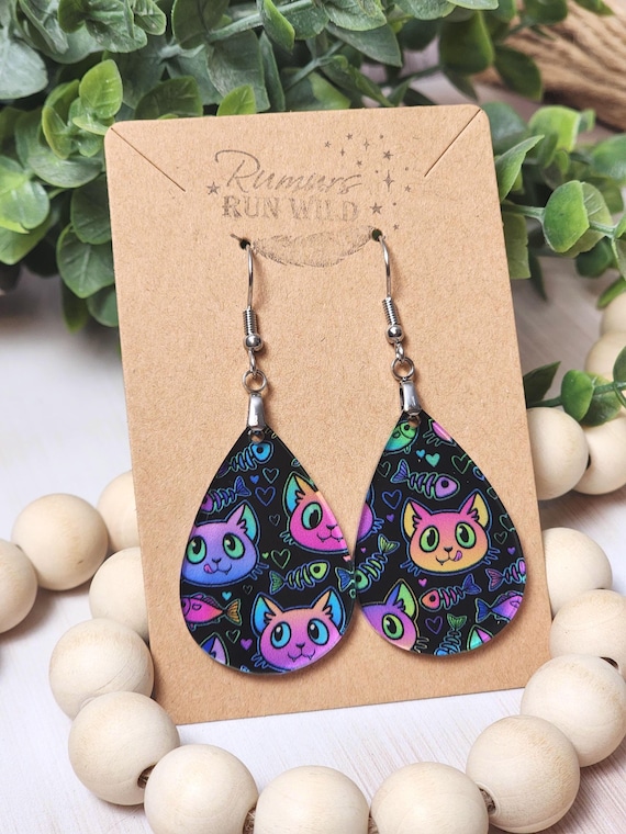 Fun Cat Earrings for Her, Colorful Cat Teardrop Earrings, Lightweight Jewelry Gift for Cat Mom or Gift for Cat Lover