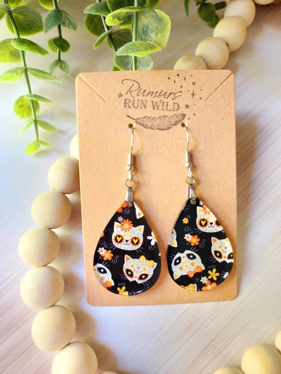 Day of the Dead Earrings for Her, Cute Cat Earrings, Halloween Dangle Earring, Halloween Gift for Cat Mom, Lightweight and Hypoallergenic
