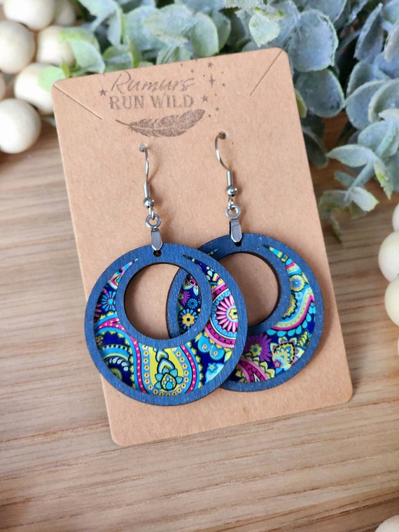 Colorful Wood Dangle Earrings, 70s Paisley Earrings, Retro Earrings, Wooden Boho Earring Lightweight, Gift for Her, Birthday Gift for Friend