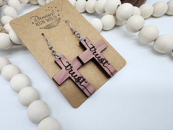 Beautiful Cross Earrings, Engraved with Trust, Great Gift For Her, Lightweight Wood Earrings, Religious Earrings, Christian Gift, Xmas gift