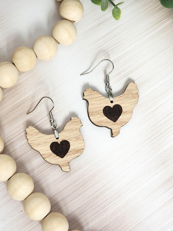 Chicken Earrings, Farm Style Wood Dangle Earrings, Farmhouse Jewelry, Chicken Lover Gift, Handmade Rustic Earrings for Her