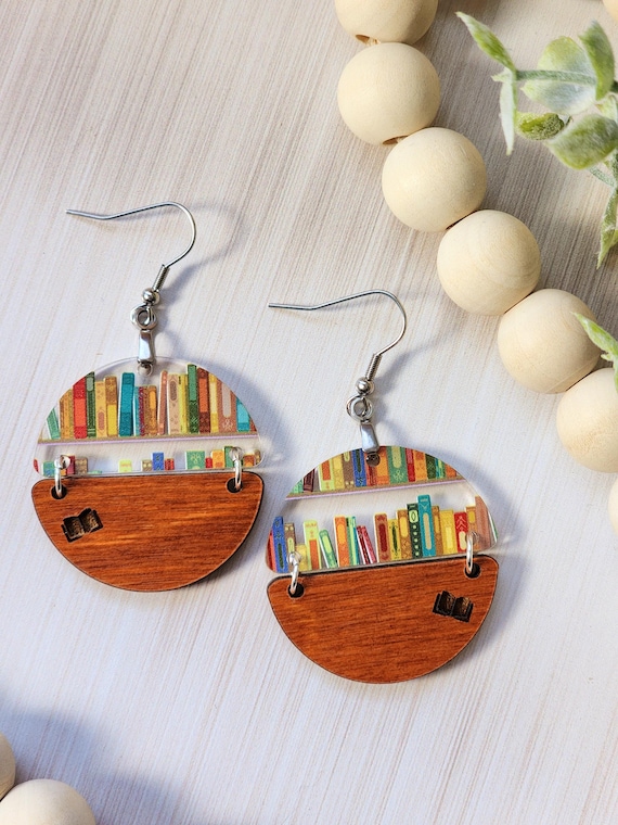 Book Earrings for Mom, Book Lover Earrings, Unique Bookshelf Earrings for Teacher Gift, Book Club Gift, Author Gift for Her, For Librarian