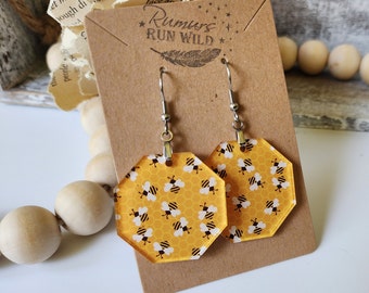 Honeycomb Bee Earrings: Acrylic Dangle Earrings with Stainless Steel Hooks