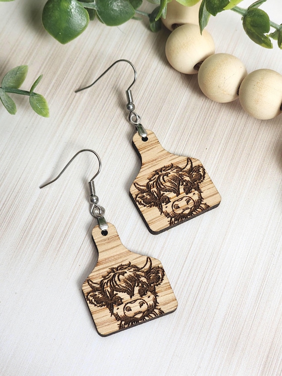 Highland Cow Wood Earrings, Cowgirl Western Earrings, Engraved Cow Dangles, Rustic Farmhouse Jewelry, Lightweight Country Gift