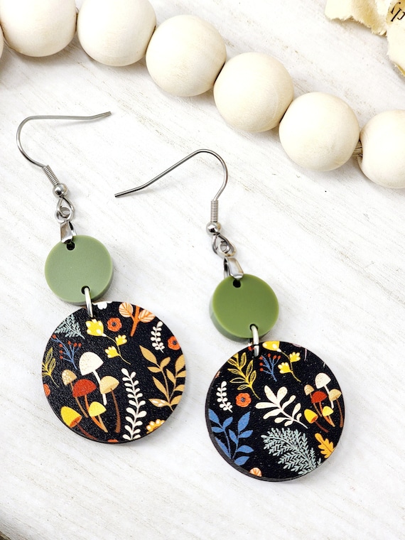 Mushroom Dangle Boho Earrings, Circle Drop Earrings, Dangle Wood Earrings, Lightweight Earrings, Nature Themed Earrings, Mushroom Jewelry
