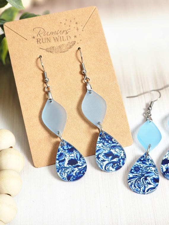 Blue Floral Earrings, Double Drop Earrings, Blue and White Dangle Earrings, Lightweight Statement Earrings, Acrylic Floral Jewelry Gift