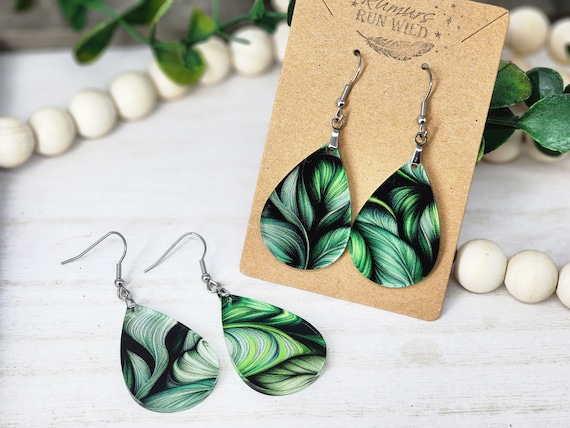 Green Leaf Earrings, Lightweight, Swirled Leaf Earrings, Nature Themed Earrings, Boho Dangle Earrings, Botanical Earrings, Gift for Her,