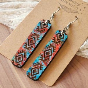 Boho Western Long Dangle Earrings, Copper Earrings, Long Bar Earrings, Western Earrings, Engraved Wood Dangle Earrings, Boho Jewelry, Cute