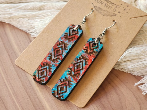 Boho Western Long Dangle Earrings, Copper Earrings, Long Bar Earrings, Western Earrings, Engraved Wood Dangle Earrings, Boho Jewelry, Cute