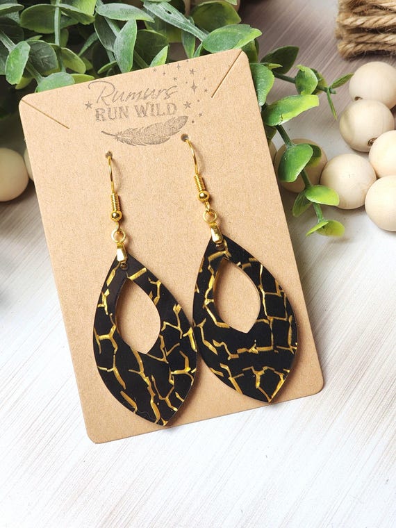 Black and Gold Earrings for Girlfriend, Lightweight Teardrop Dangle Earrings, Unique Statement Jewelry, Bold Artsy Earrings Gift for Mom