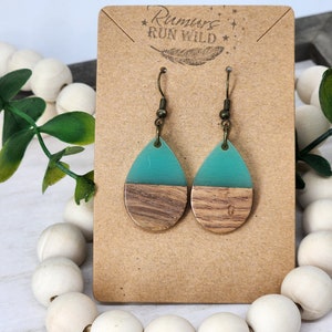 Gorgeous Turquoise Resin & Wood Earrings, Resin Earrings, Boho Earrings, Dangle Wood Earrings,  Fun Earrings, Lightweight, Teardrop Earrings