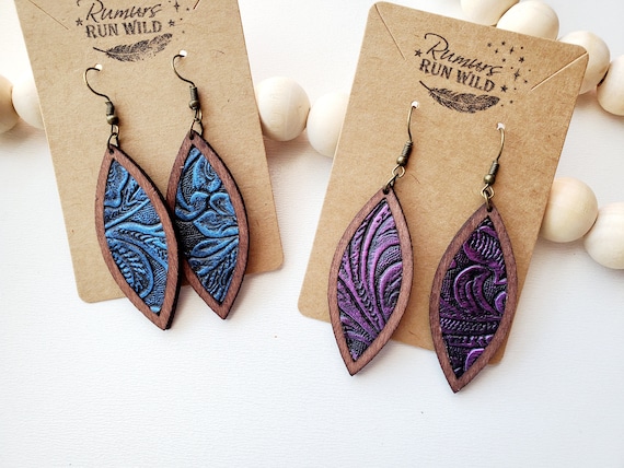 Boho Style Earrings in Purple & Blue - Lightweight Earrings - Cute Earrings - Unique Earrings for Her - Beautiful Faux Leather and Wood