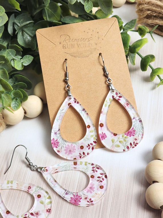 Floral Statement Earrings, Large Pink Teardrop Earrings, Lightweight Acrylic Earrings, Bold Feminine Jewelry, Spring Gift for Her