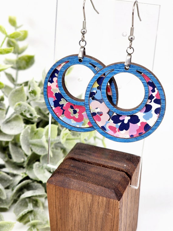 Colorful Flower Wood Dangle Earrings, Blue Boho Earrings Lightweight, Unique Birthday Gift for Girlfriend, Flower Lover Gift for Best Friend
