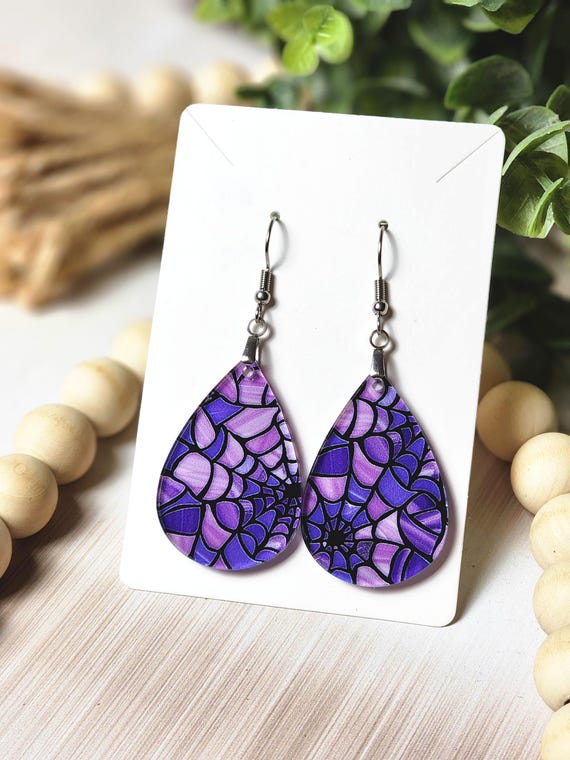 Purple Spiderweb Halloween Earrings: Lightweight Teardrop Spooky Jewelry