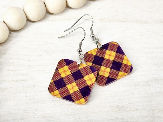 Fall Plaid Colored Earrings, Autumn Earrings, Colorful Earrings, Square Earrings, Dangle Earrings, Fall Earrings, Gift for her, Boho, Small