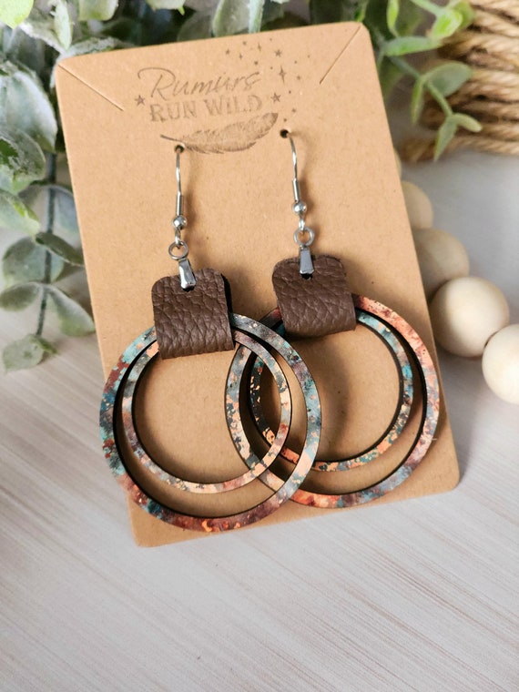 Boho Wood and Leather Earrings Set for Her, Trendy Statement Earrings for Sister, Handmade Jewelry Birthday Gift, Boho Wood Dangle Earring
