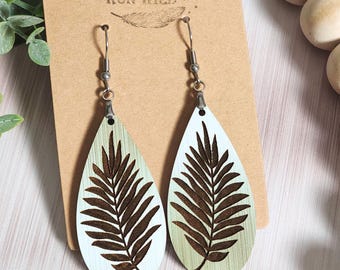 Sage Green Fern Earrings, Engraved Wood Leaf Dangles, Botanical Statement Earrings, Lightweight Nature Inspired Jewelry Gift