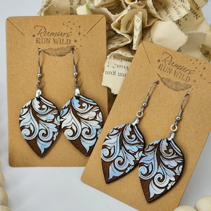 Reverse Engrave Wooden Dangle Earrings, Damask Engraved with Swirls for Unique Look, Natured Inspired,  Lightweight, Hypoallergenic,  Pretty