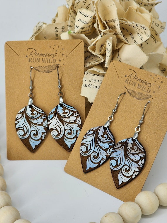 Reverse Engrave Wooden Dangle Earrings, Damask Engraved with Swirls for Unique Look, Natured Inspired, Lightweight, Hypoallergenic, Pretty