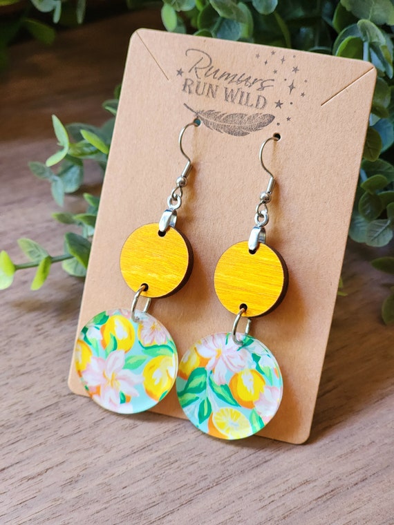 Summer Earrings for Women, Orange Earrings, Handmade Gift Earrings for Mom, Yellow Wood Dangle Earrings with Cute Oranges Pattern