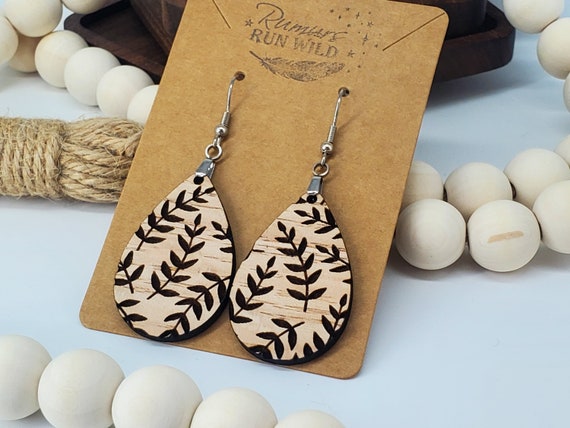 Fall Leaf Engraved Wooden Teardrop Earrings, Earrings for Her, Nature Themed Earrings, Lightweight Dangle Earrings, Stocking Stuffer for Her