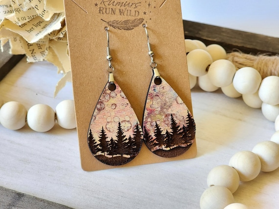 Colorful Sky Tree Line Engraved Wood Earrings - Lightweight - Nature Themed - Rustic - Colorful- Dangle - Fun Earrings, Boho Earrings