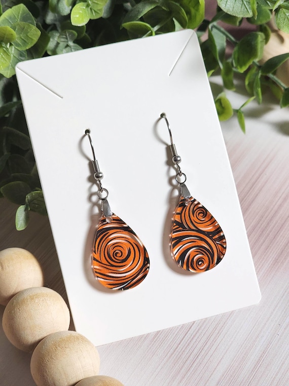 Mini Orange Black Earrings, Subtle Halloween Earrings, Abstract Acrylic Dangles, Unique Handmade Jewelry for Her