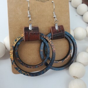 Rustic Boho Earrings - Lightweight Earrings - Bohemian Earrings - Wood Earrings with Faux Leather - Rustic Circle with Boho Vibe - Rust Blue