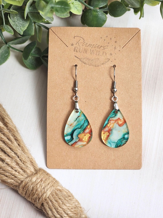 Turquoise Marble Mini Teardrop Earrings, Boho Marble Earrings, Lightweight Acrylic Dangles, Teal Statement Earrings, Everyday Boho Jewelry