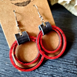 Rustic Red Open Circle Wood Earrings, Faux Leather & Wood Jewlery, Boho style, Unique, Earrings for Her, Gift for Her, Cute, Large earrings